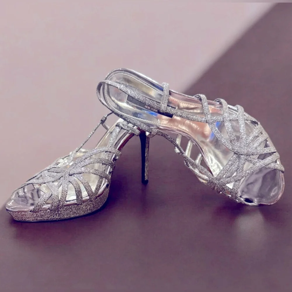 Nina New York Silver Stiletto Platform Slingback Heels Size 9 M‎